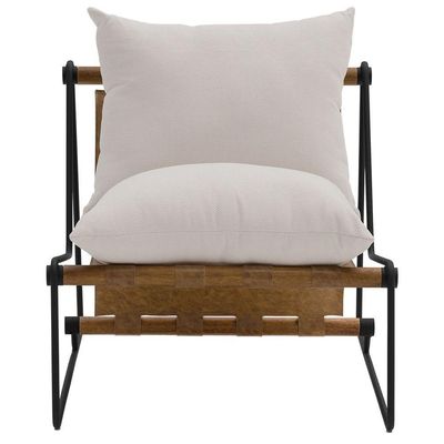Kit Poltrona Com Puff Turim Base Aço Preto Recouro Camel Linho Off White - Nexta Casa