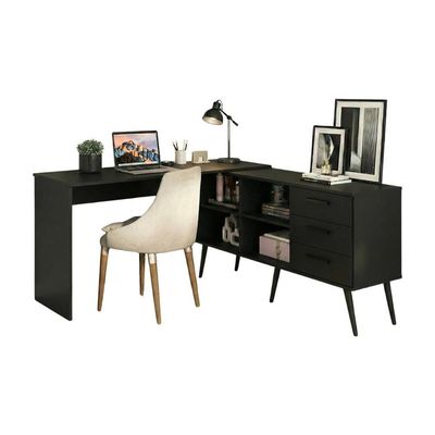 Mesa De Escritório Em L Com 3 Gavetas Porto Multimóveis Mp6046 Preto