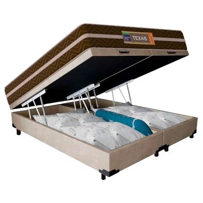 Cama Box Baú Casal Bipartido Suede + Colchão Molas Ensacadas Texas Prime Colchões 138cm - Suporta Até 120kg Por Pessoa