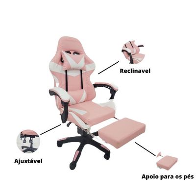 Cadeira Gamer Stillus Oficial Apoio Pés Branco/rosa