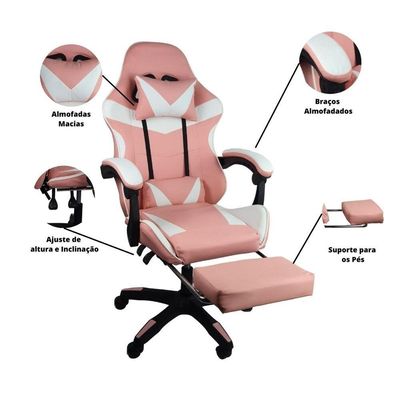 Cadeira Gamer Stillus Oficial Apoio Pés Branco/rosa