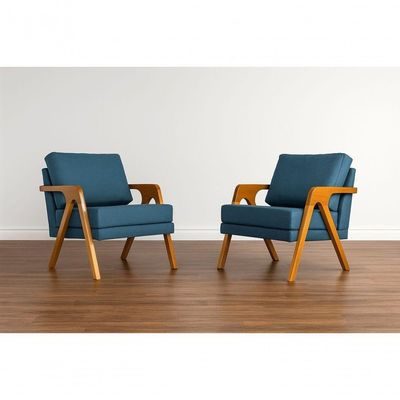 Poltrona Mona Luxo Madeira Maciça Linho Azul Para Sala De Estar Decorativa Moderna