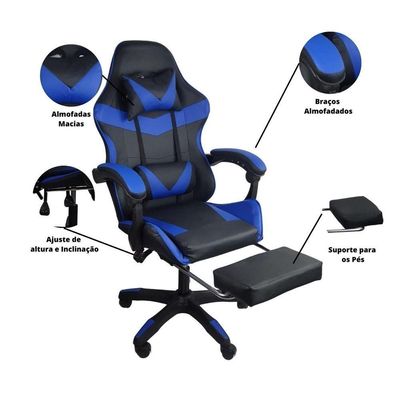 Cadeira Gamer Stillus Oficial Apoio Pés Preto/azul