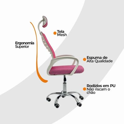 Cadeira Escritório Diretor Tela Mesh Com Encosto Rosa