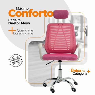 Cadeira Escritório Diretor Tela Mesh Com Encosto Rosa + E-book