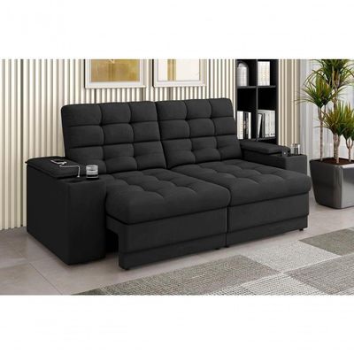 Sofá Confort Premium 1,70m Assento Retrátil/reclinável Porta Copos E Usb Suede Preto - Xflex Sofas