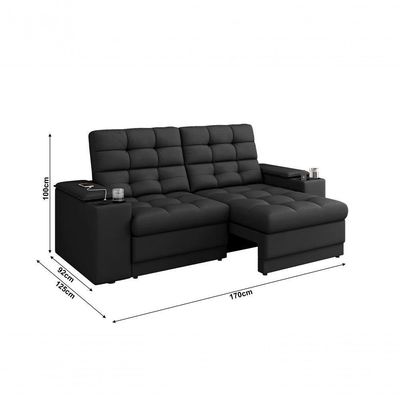 Sofá Confort Premium 1,70m Assento Retrátil/reclinável Porta Copos E Usb Suede Preto - Xflex Sofas