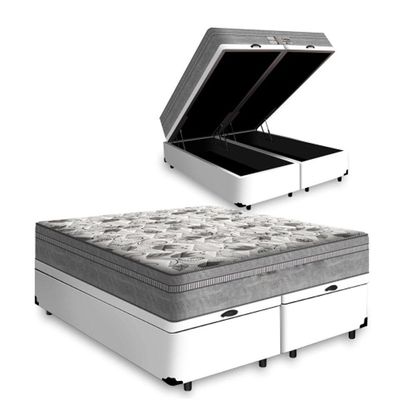 Cama Box Baú King 193 Bipartido Tecido Sintético Branco Com Colchão De Molas Ensacadas Evolution - Probel - 72x128x188