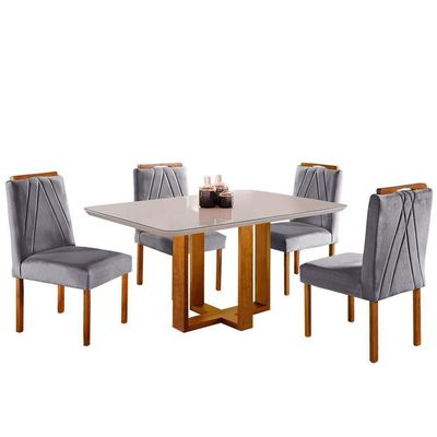 Conjunto Sala De Jantar Mesa E 4 Cadeiras Madeira Maciça Madri Linho Cinza Mel/off White/cinza Claro