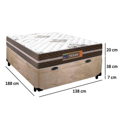 Cama Box Baú Casal Suede + Colchão Molas Ensacadas Texas Prime Colchões 138cm Bege - Suporta Até 120 Kg Por Pessoa