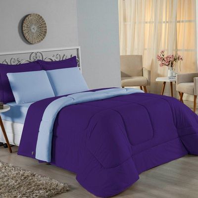 Edredom Queen Nobre 1 Peça Dupla Face 2,40m X 2,60m Malha 100% Algodão - Roxo / Azul-bebê