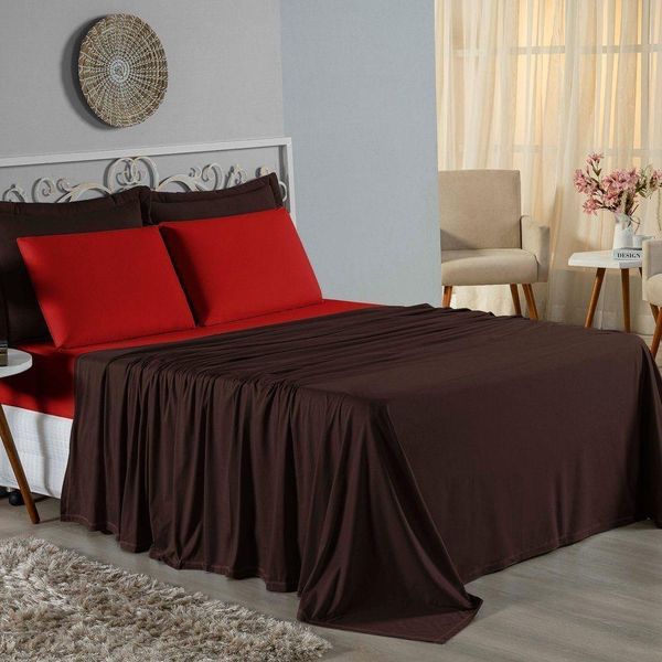 Jogo De Cama Casal Viúva Nobre 4 Peças Malha 100% Algodão - Marrom / Vermelho Jogo De Cama Casal Viúva Nobre 4 Peças Malha 100% Algodão - Marrom / Vermelho