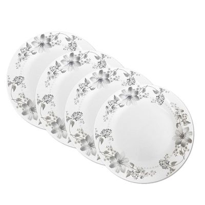 Jogo 4 Prato Fundo De Vidro 21,5cm Opalino Florido Flowers Grey Flores Cinza Em Casa Tem