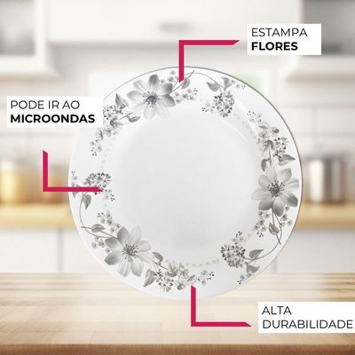 Jogo 4 Prato Fundo De Vidro 21,5cm Opalino Florido Flowers Grey Flores Cinza Em Casa Tem