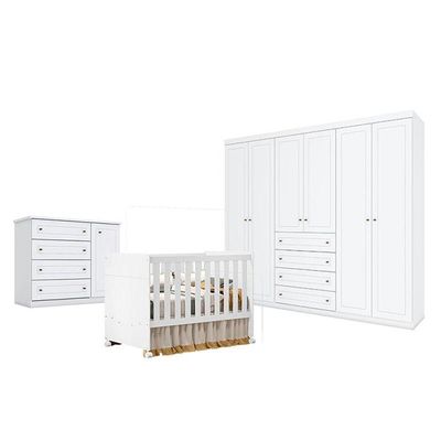 Quarto De Bebê Americano 6 Portas Com Berço Americano Katatau Branco Acetinado - Reller - Henn