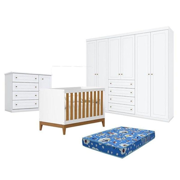 Quarto De Bebê Americano 6 Portas Com Berço Americano Flip Branco Acetinado Savana Reller E Colchão Ortobom - Henn