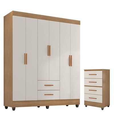 Guarda Roupa Casal 6 Portas E Cômoda 4 Gavetas Lite Nature Off White - Móveis Leão