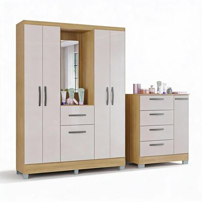 Kit Guarda Roupa Atlas 5 Portas E Cômoda Poquema Damasco/off White