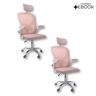 Kit 2 Cadeiras De Escritório Oficial Vegas Com Apoio Rosa Branco