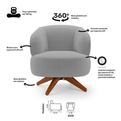 Poltrona Decorativa Orgânica Living Have Base Madeira Giratória Bouclê Cinza - Desk Design