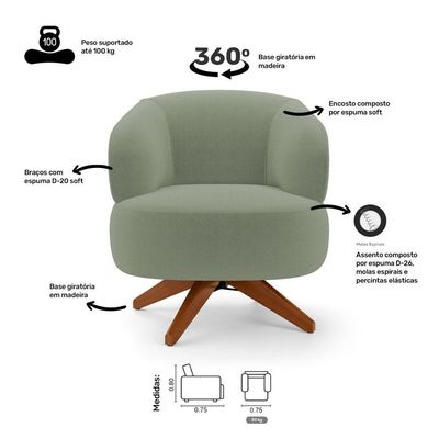 Poltrona Decorativa Orgânica Living Have Base Madeira Giratória Bouclê Verde Oliva - Desk Design