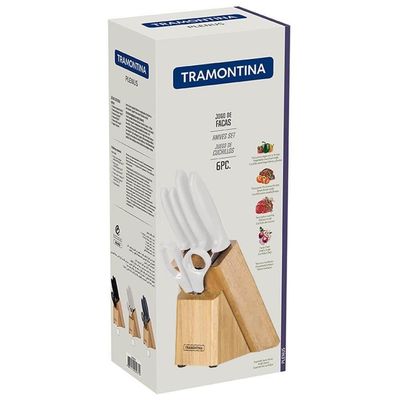 Jogo De Facas Tramontina Plenus Aço Inox Cabos Poliprop. Off White E Sup De Madeira 6 Peças 23498315