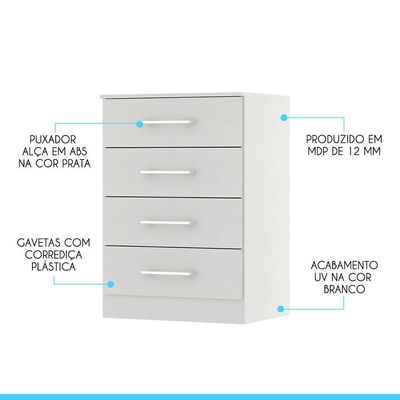 Cômoda Para Quarto 4 Gavetas 93cm Menu Móveis Branco