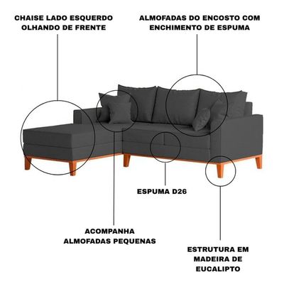 Sofá 3 Lugares Beny Com Chaise Esquerdo Linho Grafite