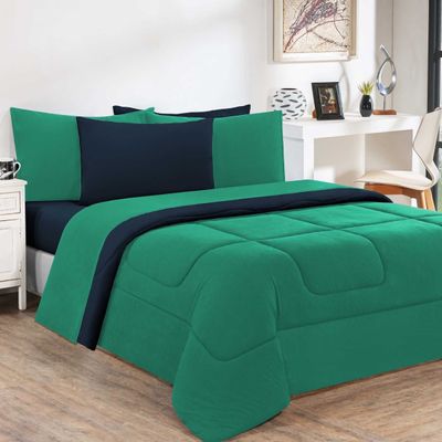 Kit Edredom Malha 100% Algodão Gran Moratta 3 Peças Casal - Verde Jade/Azul Marinho