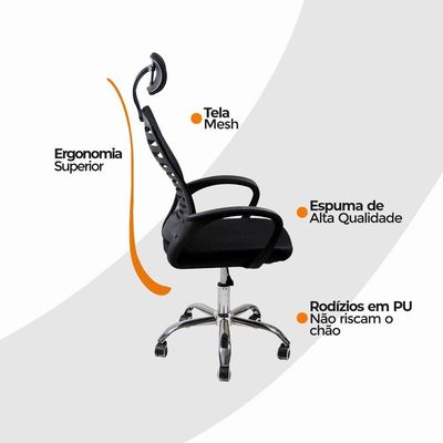 Kit 5 Cadeiras Escritório Diretor Tela Mesh Encosto Preto