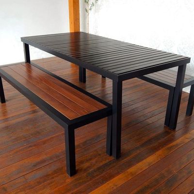 Mesa Grande Retangular 2,40x1,00m Tampo Ripado Alumínio área Externa E Jantar Preto