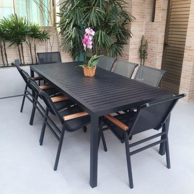 Mesa Grande Retangular 2,40x1,00m Tampo Ripado Alumínio área Externa E Jantar Preto