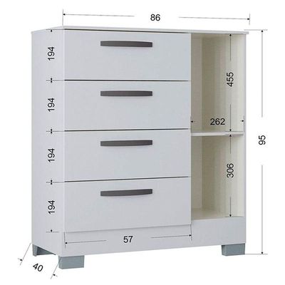 Cômoda 868 4 Gavetas E 1 Porta Com Guarda Roupa Solteiro Córdoba 4 Portas Branco Brilho - Poquema