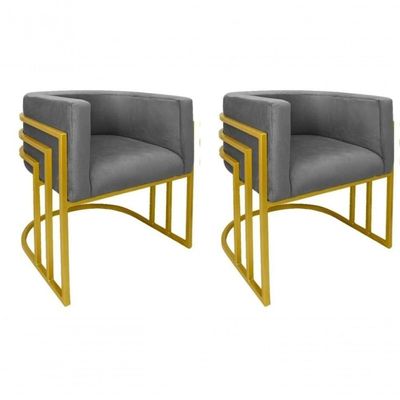 Kit 02 Cadeiras Poltrona Luxo Base De Metal Tripla Dourado Sala De Jantar Cozinha Recepção Veludo Grafite Eli Móveis