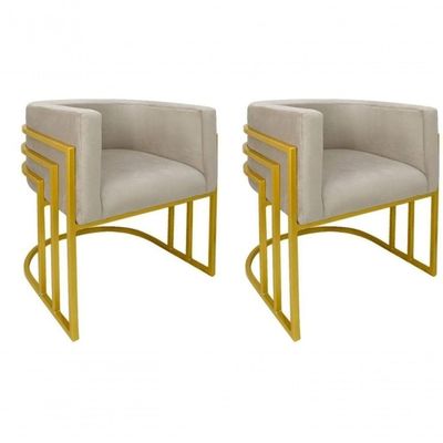 Kit 02 Cadeiras Poltrona Luxo Base De Metal Tripla Dourado Sala De Jantar Recepção Veludo Bege Eli Móveis E Decoração