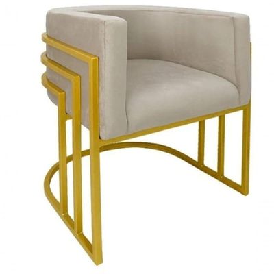 Kit 02 Cadeiras Poltrona Luxo Base De Metal Tripla Dourado Sala De Jantar Cozinha Recepção Veludo Bege Eli Móveis