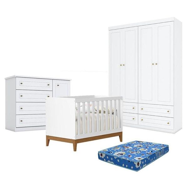 Quarto De Bebê Americano 4 Portas Com Berço Americano Flip Branco Acetinado Reller E Colchão Ortobom - Henn