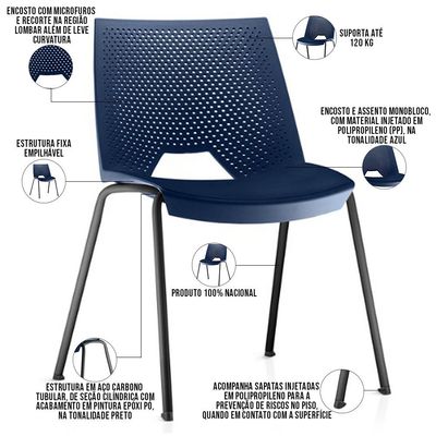 Kit 02 Cadeiras Empilhável Fixa Liked F02 Base Aço Preto Azul - Lyam Decor