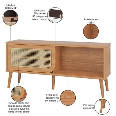 Rack Para Sala de Estar TV 55 Pol Porta Tela Natural 135cm Mahal D03 Freijó - Lyam Decor