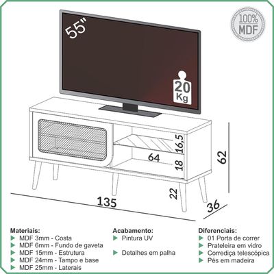 Rack Para Sala de Estar TV 55 Pol Porta Tela Natural 135cm Mahal D03 Freijó - Lyam Decor