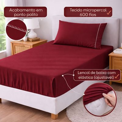 Jogo de Lençol Solteiro Premium Soft 600 Fios Micropercal Bordô Ponto Palito Toque Macio 2 Peças