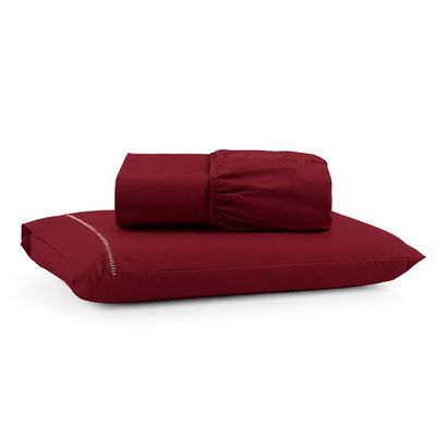 Jogo de Lençol Solteiro Premium Soft 600 Fios Micropercal Bordô Ponto Palito Toque Macio 2 Peças