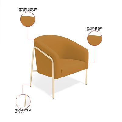 Poltrona Sala Decorativa Kit 2 Stella Base Alta Tubo Champanhe Veludo D03 - D'Rossi Mostarda