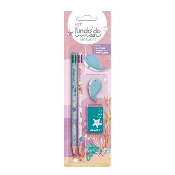 Kit Escrita Leonora Fundo do Mar com 2 Lápis Grafites HB Nº2, 1 Borracha e 1 Apontador Kit Escrita Leonora Fundo do Mar com 2 Lápis Grafites HB Nº2, 1 Borracha e 1 Apontador