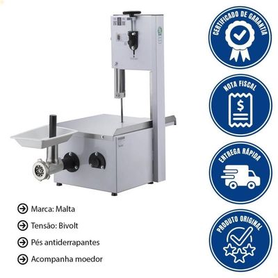 Serra Fita De Bancada Com Moedor Malta Mesa Inox Branca Lâmina 181cm Motor 1-2 Cv Bivolt