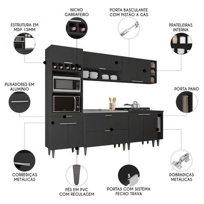 Armário De Cozinha Cp07 Com Pia 100cm Pérola Z34 Preto - Mpozenato