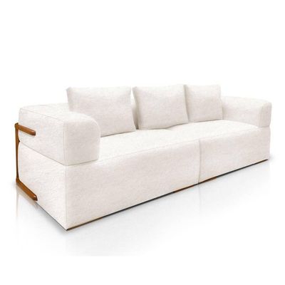 Sofá 4 Lugares 2,80m Em Tecido Bouclé Com Aplique Em Madeira – Scott Lucadi Off White