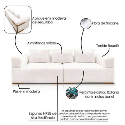 Sofá 4 Lugares 2,80m Em Tecido Bouclé Com Aplique Em Madeira – Scott Lucadi Off White