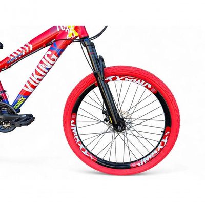Bicicleta Aro 26 Vikingx Tuff Câmbios Shimano 21v Freeride Freio A Disco Aro Vmaxx Pneu Flame vermelho-Azul X25