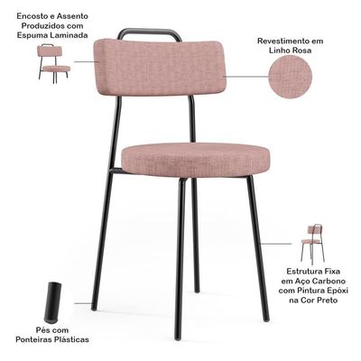 Kit 06 Cadeiras Decorativa Estofada Para Sala De Jantar Barcelona L02 Linho Rosa - Lyam Decor
